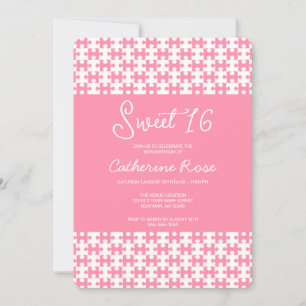 Pink And White Puzzle Chequered Sweet 16 Invitation
