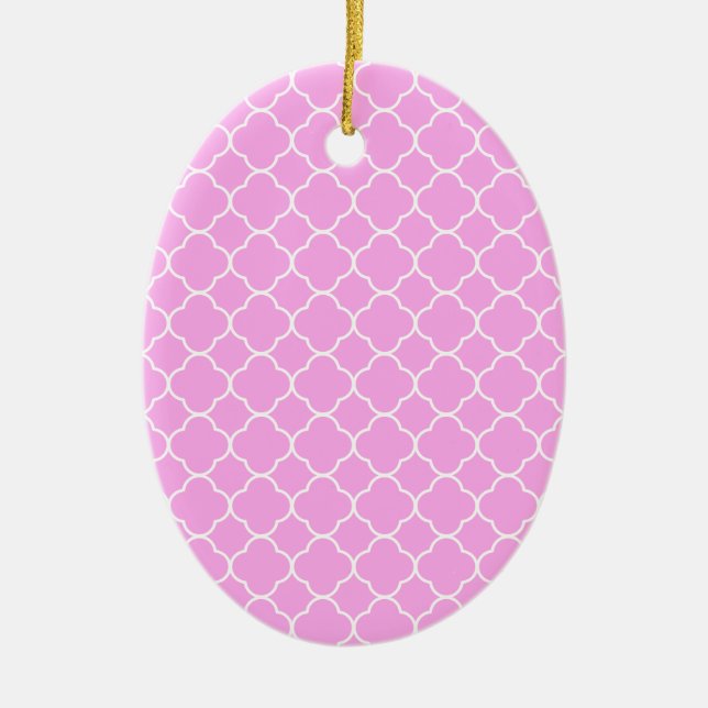 Pink And White Quatrefoil Pattern Ceramic Ornament (Front)