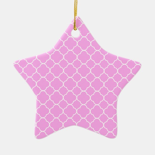 Pink And White Quatrefoil Pattern Ceramic Ornament (Front)
