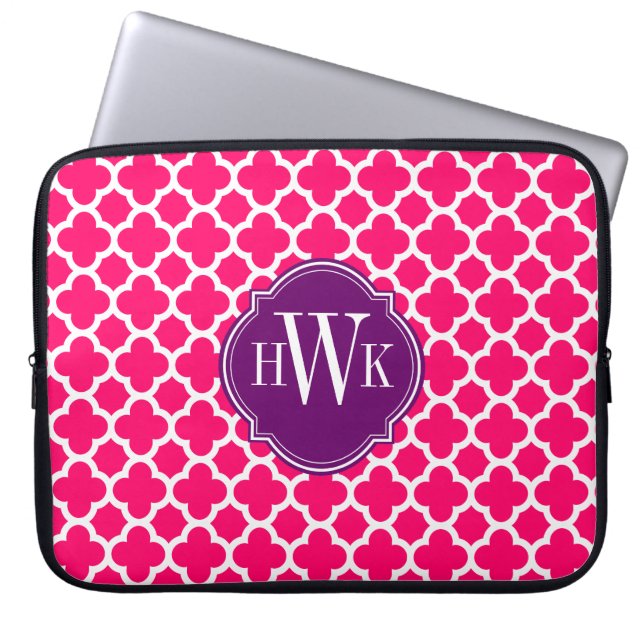 Pink and White Quatrefoil Pattern Monogram Laptop Sleeve (Front)