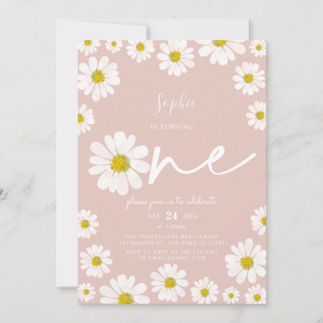 Pink and White Retro Daisy First Birthday Invitation (Front)