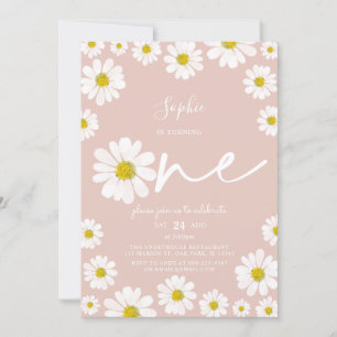 Pink and White Retro Daisy First Birthday Invitation