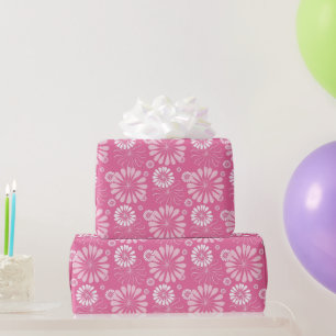 Pink and White Retro Floral Print Wrapping Paper
