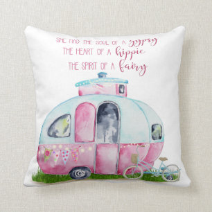 Pink and White Retro Vintage Camper with Quote Throw Pillow
