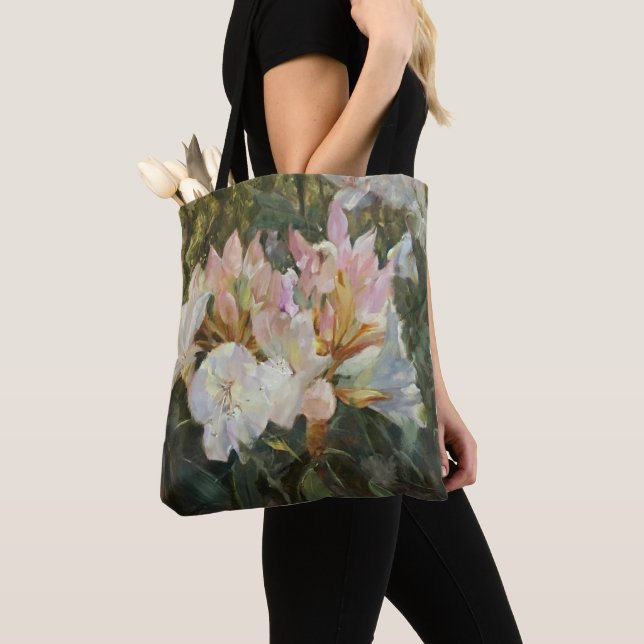 Pink and White Rhododendron Deep Green Foliage Tote Bag (Close Up)