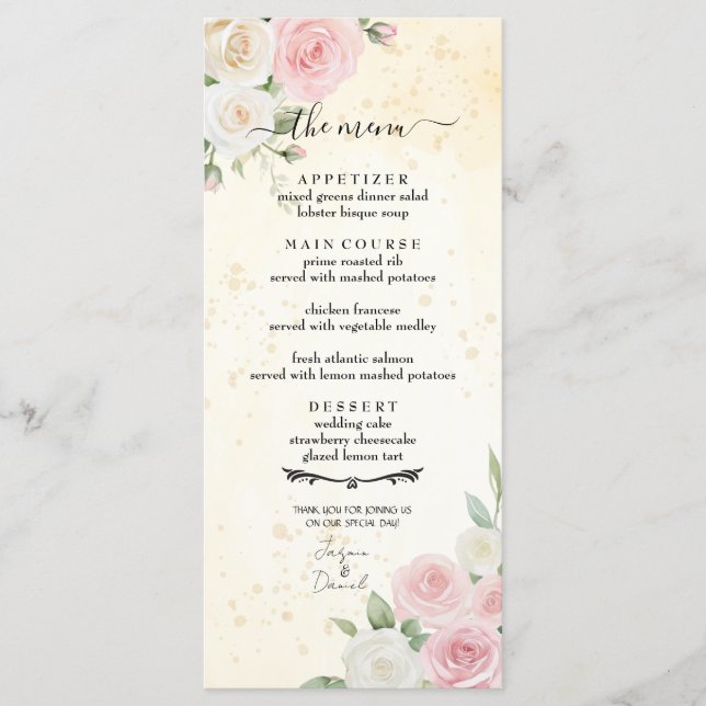 Pink and White Rose Blooms Wedding Menu (Front)