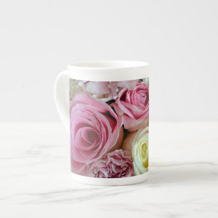 Pink and white rose petals print bone china mug