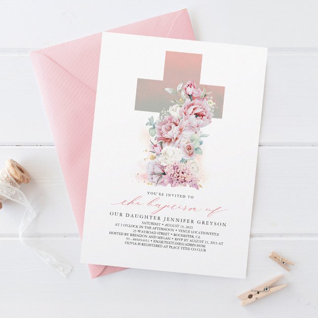 Pink and White Roses Elegant Modern Girl Baptism Invitation (Creator Uploaded)