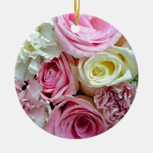 Pink and white roses floral bouquet ceramic ornament