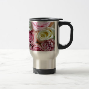 Pink and white roses floral bouquet travel mug