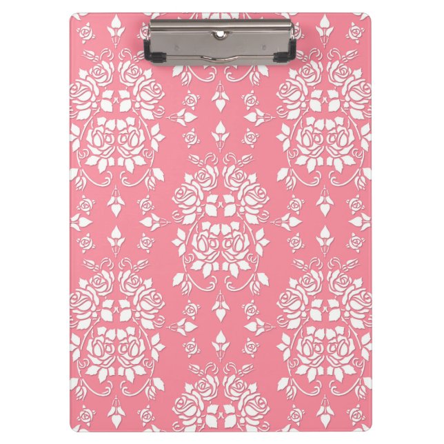 Pink and White Roses Floral Damask Pattern Clipboard (Front)