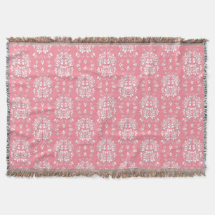 Pink and White Roses Floral Damask Pattern Throw Blanket