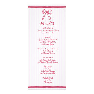 Pink and white scribble bow wedding menu card