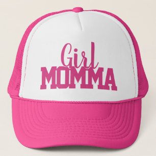 pink and white script GIRL MOMMA lettering Trucker Hat