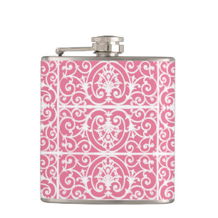 Pink and white scrollwork hip flask