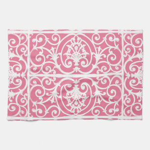 Pink and white scrollwork kitchen towel