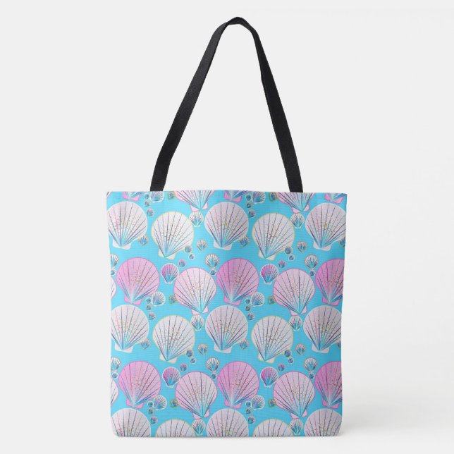 Pink and white sea shells on turquoise tote bag (Front)