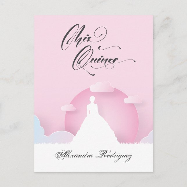 Pink and White Silhouette with Moon Quinceanera Invitation Postcard (Front)
