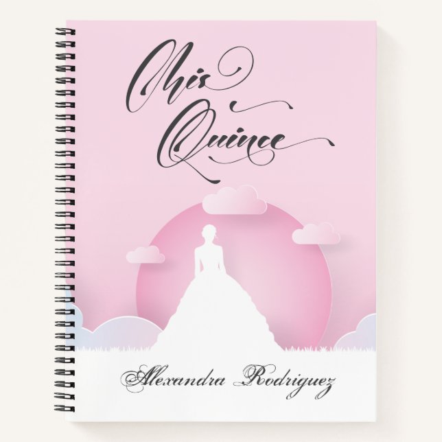 Pink and White Silhouette with Moon Quinceanera Notebook (Front)
