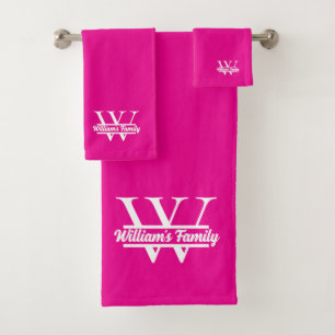 Pink and White Simple Family Name Monogram Bath Towel Set