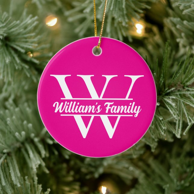 Pink and White | Simple Family Name Monogram  Ceramic Ornament (Tree)