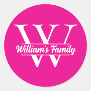 Pink and White   Simple Family Name Monogram  Classic Round Sticker
