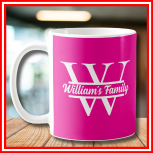 Pink and White   Simple Family Name Monogram  Coffee Mug