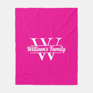 Pink and White   Simple Family Name Monogram Fleece Blanket