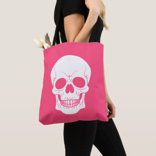 Pink And White Skull Head Spooky Halloween Tote Bag