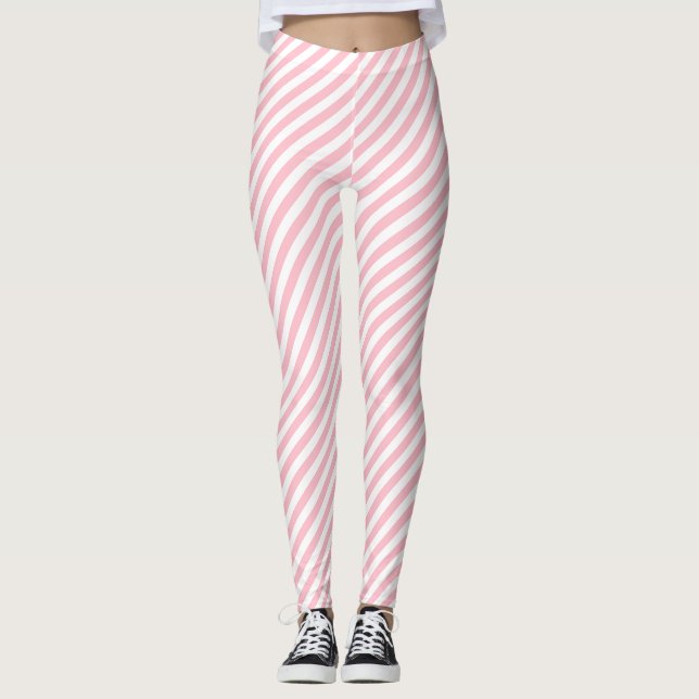 Pink and White Small Size Diagonal Stripes Leggings (Front)