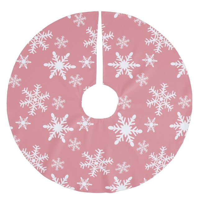 Pink and White Snowflakes Brushed Polyester Tree Skirt (Front)