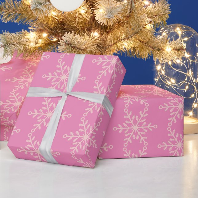 Pink and White Snowflakes Holiday Wrapping Paper (Holidays)