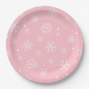 Pink and White Snowflakes Paper Plate