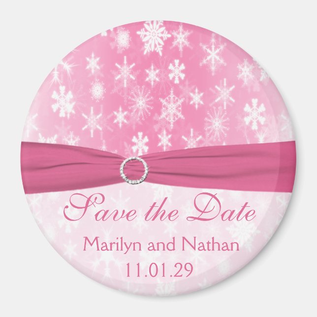 Pink and White Snowflakes Save the Date Magnet (Front)
