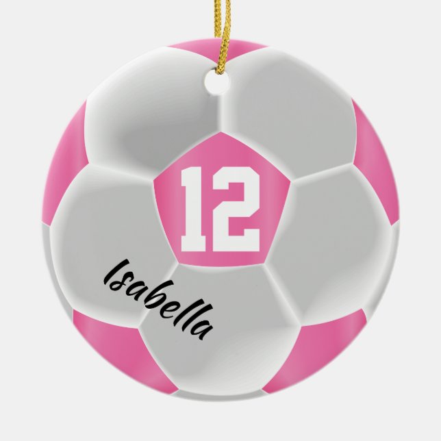 Pink and White Soccer Ball Ceramic Ornament (Front)