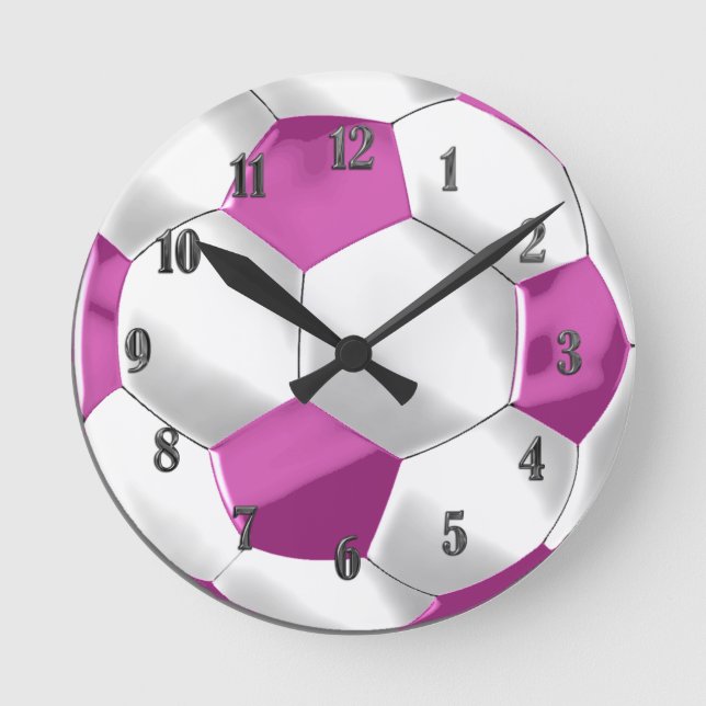 Pink and White Soccer Ball Round Clock (Front)