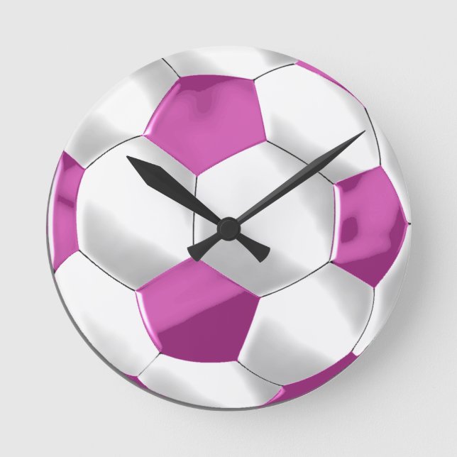 Pink and White Soccer Ball Round Clock (Front)