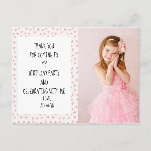 Pink and White Stars Birthday Thank You Postcard (Front)