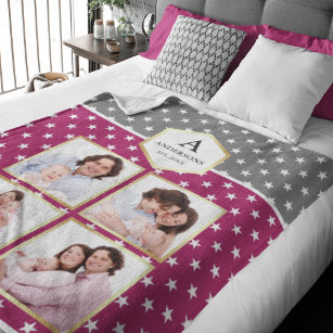 Pink and White Stars Pattern Photo Collage Fleece Blanket