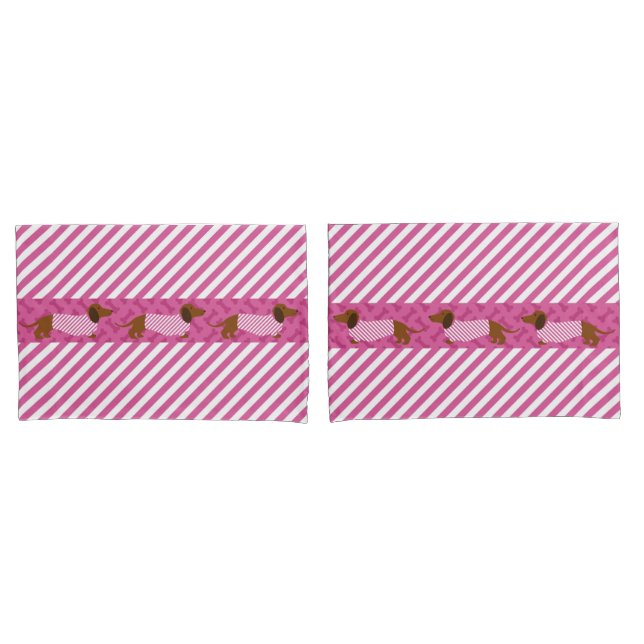 Pink and White Stripe Dachshund Pillow Cases (Front-Set)