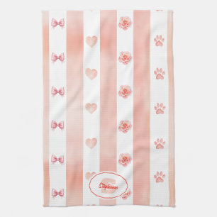 Pink and White Stripe - Hearts, Rose, Paw Print Kitchen Towel