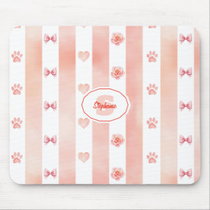 Pink and White Stripe - Hearts, Rose, Paw Print Mouse Pad