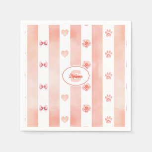 Pink and White Stripe - Hearts, Rose, Paw Print Napkin