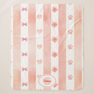 Pink and White Stripe - Hearts, Rose, Paw Print Sherpa Blanket