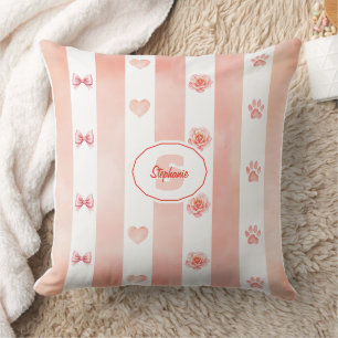 Pink and White Stripe - Hearts, Rose, Paw Print Throw Pillow