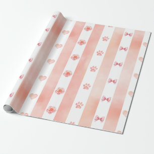 Pink and White Stripe - Hearts, Rose, Paw Print Wrapping Paper