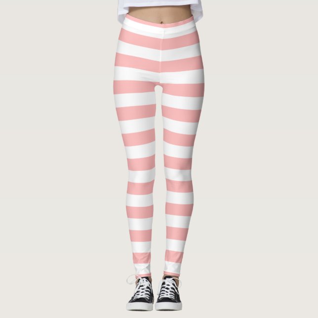 Pink and White Stripe Pattern Leggings (Front)