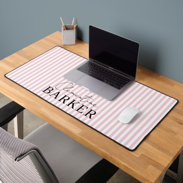 Pink and white stripe personalized modern elegant desk mat (Office 2)