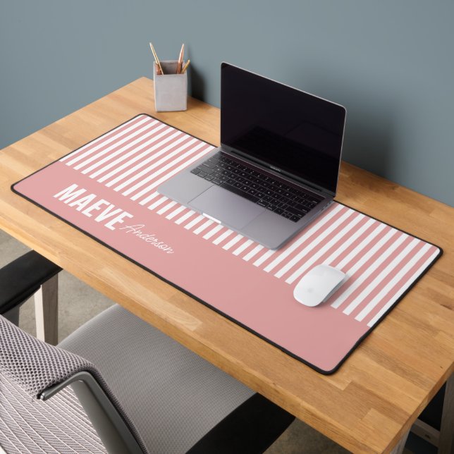 Pink and white stripe personalized modern elegant desk mat (Office 2)