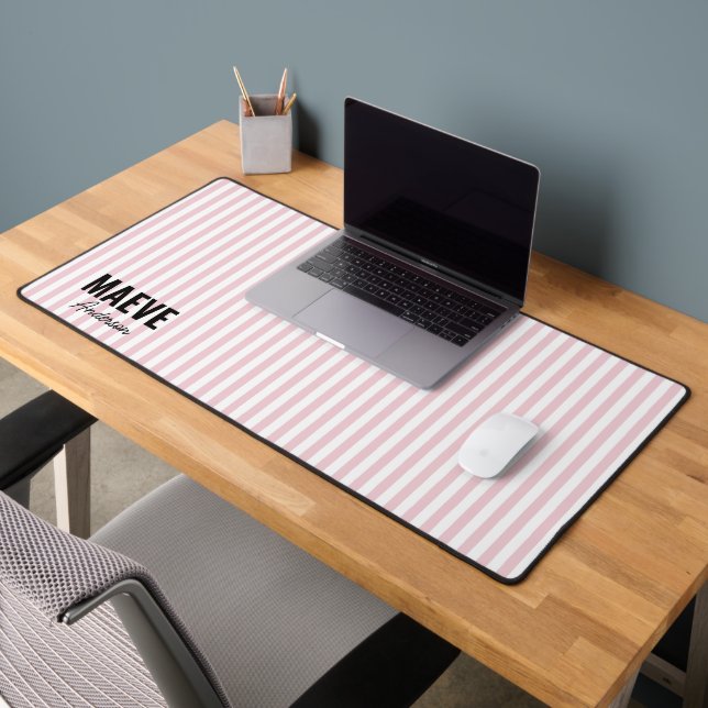 Pink and white stripe personalized modern elegant desk mat (Office 2)